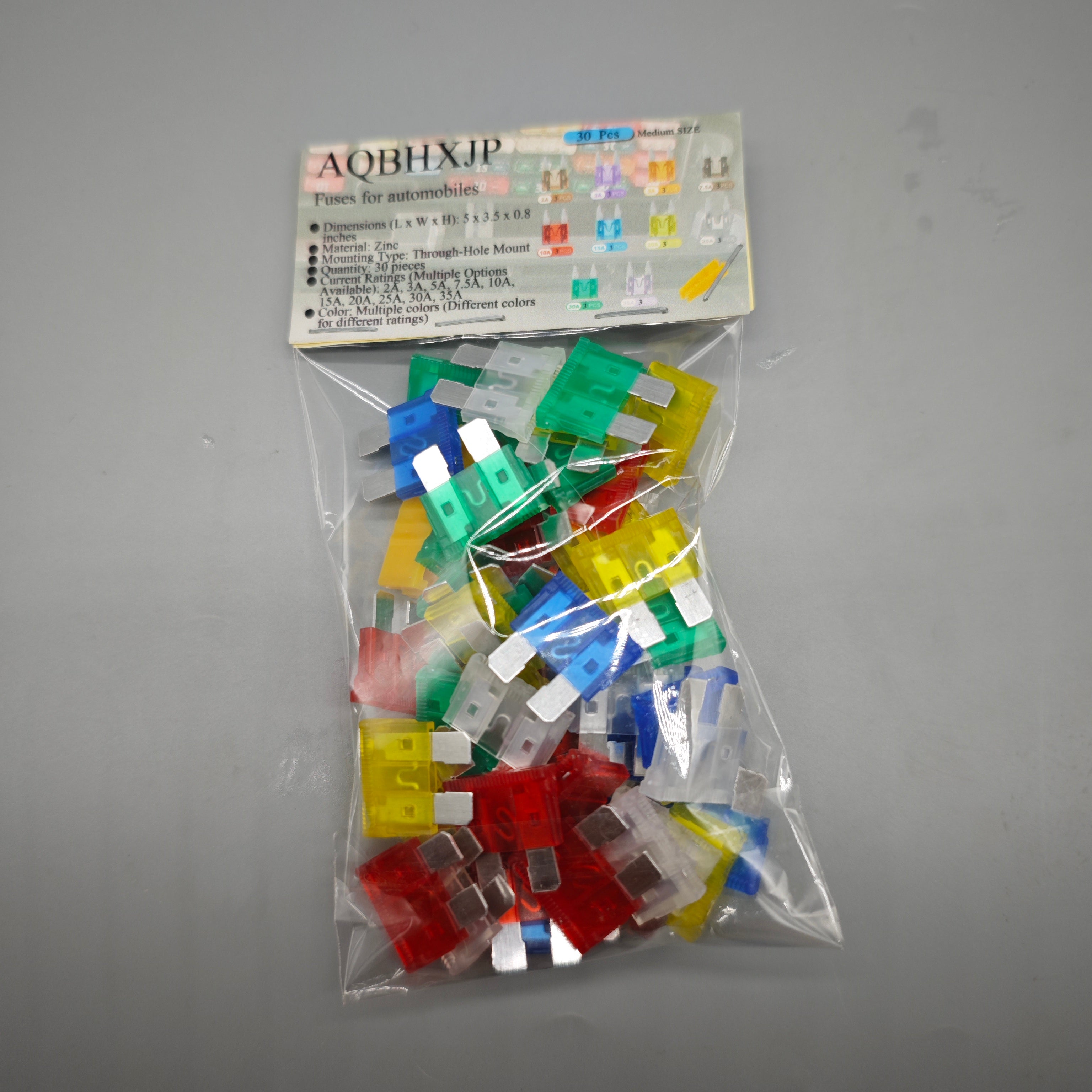 AQBHXJP Fuses for automobiles – 30PCS, Multi-Current Ratings (2A-30A), Zinc Material, Color-Coded, 5×3.5×0.8in, Universal Car Fuse Set