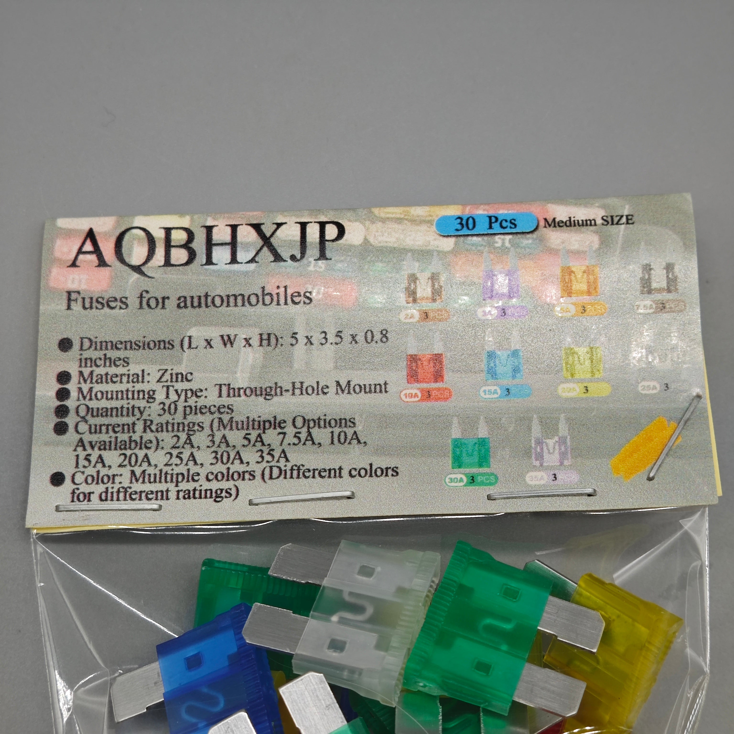 AQBHXJP Fuses for automobiles – 30PCS, Multi-Current Ratings (2A-30A), Zinc Material, Color-Coded, 5×3.5×0.8in, Universal Car Fuse Set