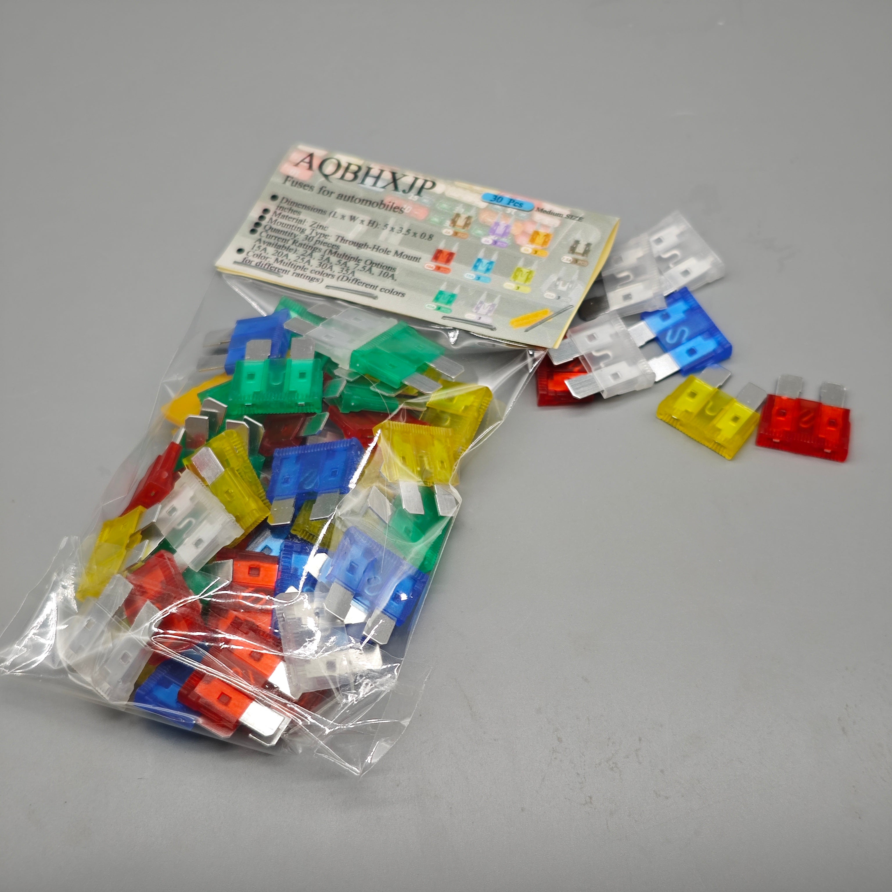 AQBHXJP Fuses for automobiles – 30PCS, Multi-Current Ratings (2A-30A), Zinc Material, Color-Coded, 5×3.5×0.8in, Universal Car Fuse Set