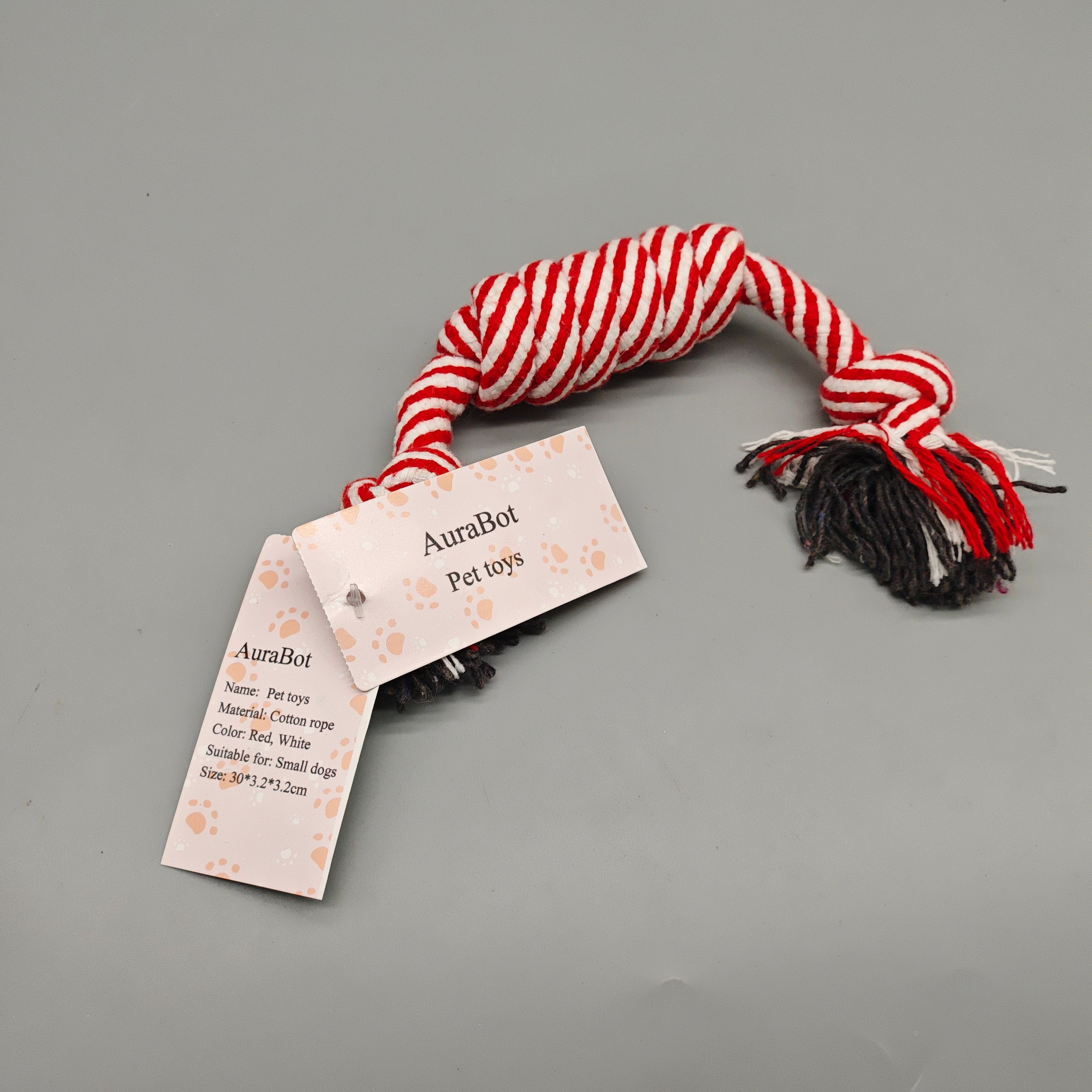 AuraBot Pet Toys, 30×3.2×3.2cm Red & White Cotton Rope Toy for Small Dogs, Durable Chew & Tug Toy, Safe and Teeth-Friendly Design