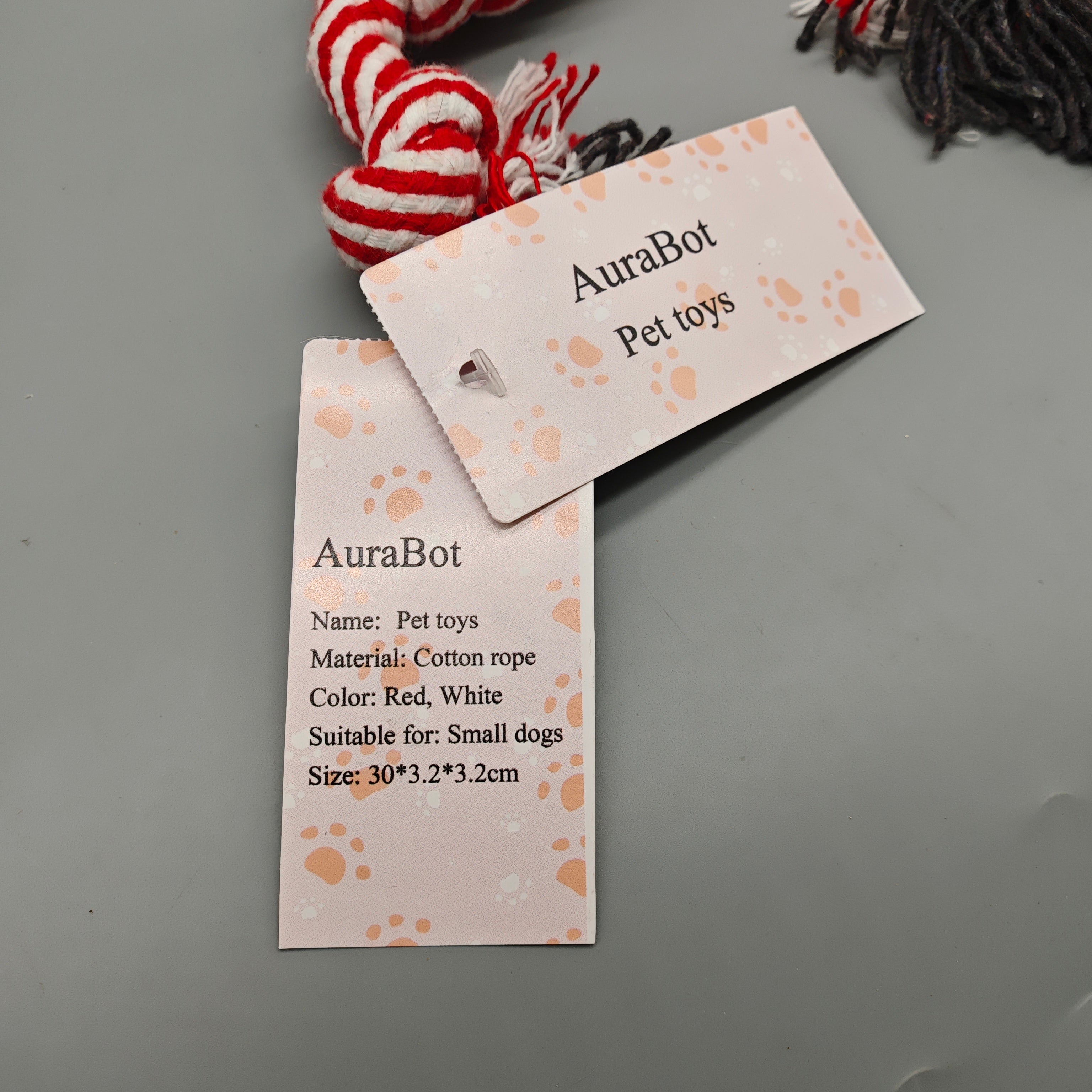 AuraBot Pet Toys, 30×3.2×3.2cm Red & White Cotton Rope Toy for Small Dogs, Durable Chew & Tug Toy, Safe and Teeth-Friendly Design