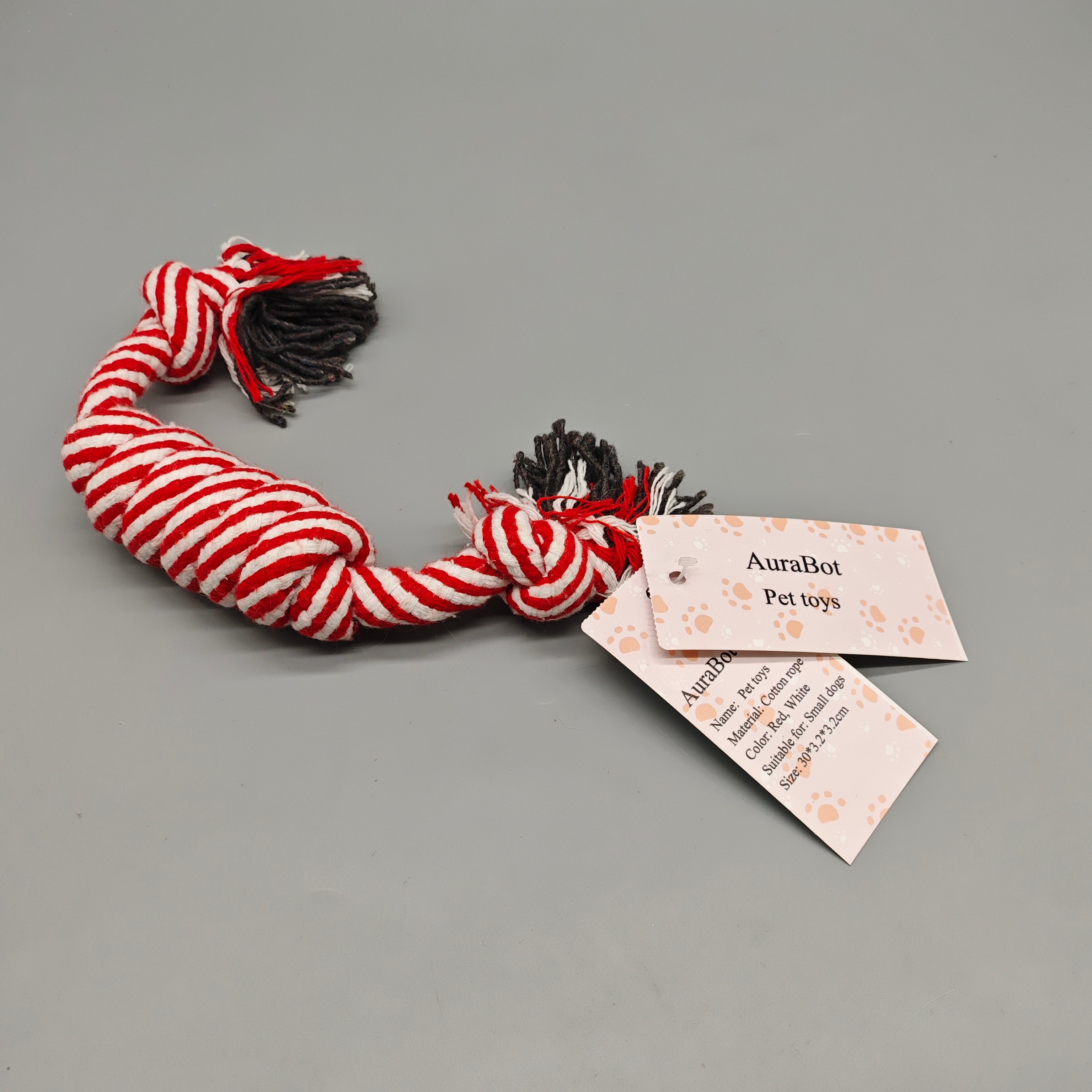 AuraBot Pet Toys, 30×3.2×3.2cm Red & White Cotton Rope Toy for Small Dogs, Durable Chew & Tug Toy, Safe and Teeth-Friendly Design