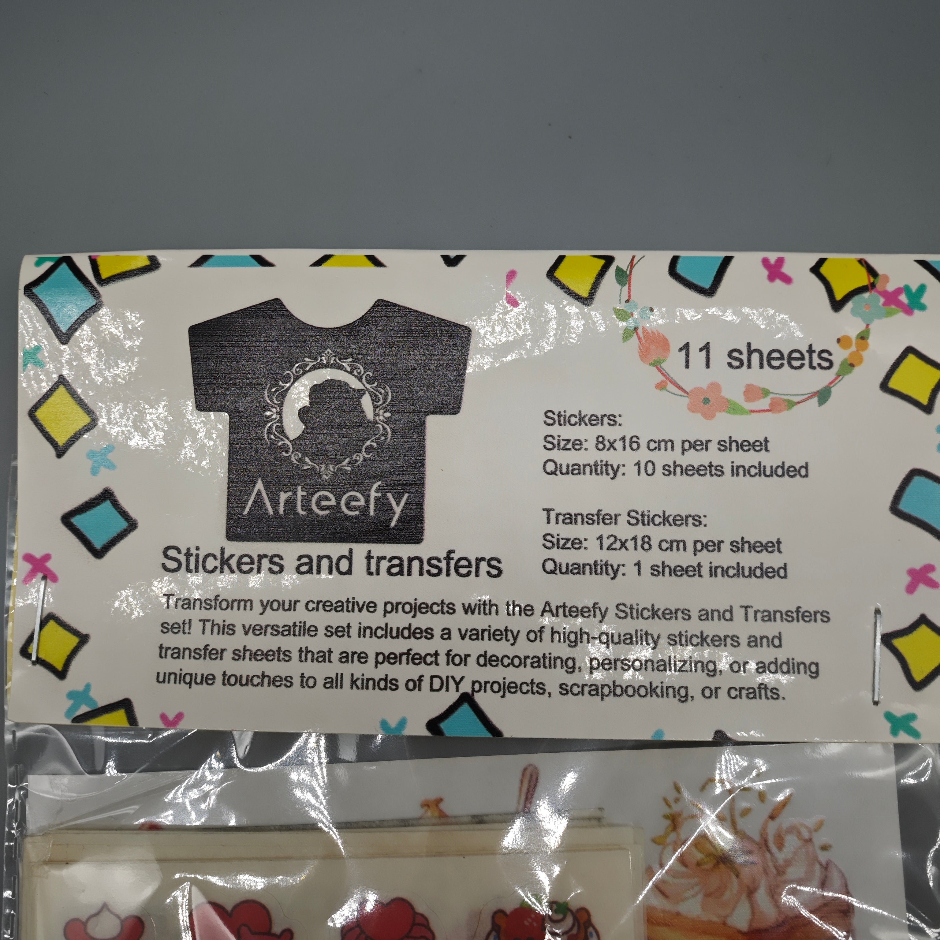 Arteefy Stickers & Transfers – 10 Sheets of 8x16cm Stickers & 1 Sheet of 12x18cm Transfer Paper for DIY Crafts, Scrapbooking & Personalization