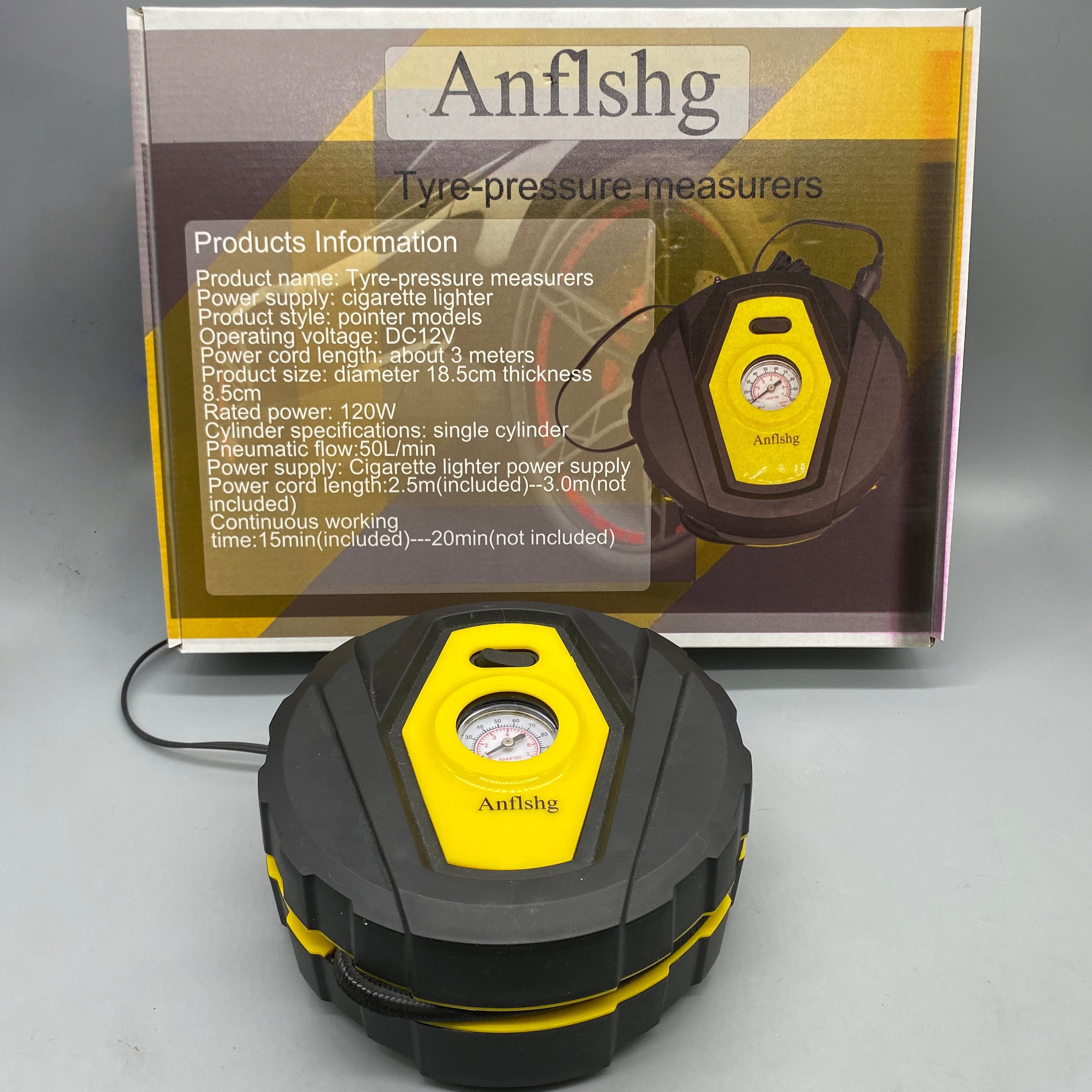 Anflshg Tyre Pressure Measurer, DC 12V Powered, Cigarette Lighter Powered, 50L/min Pneumatic Flow, 120W Rated Power, 3-Meter Cord, Single Cylinder, Continuous Use Up to 20 Minutes