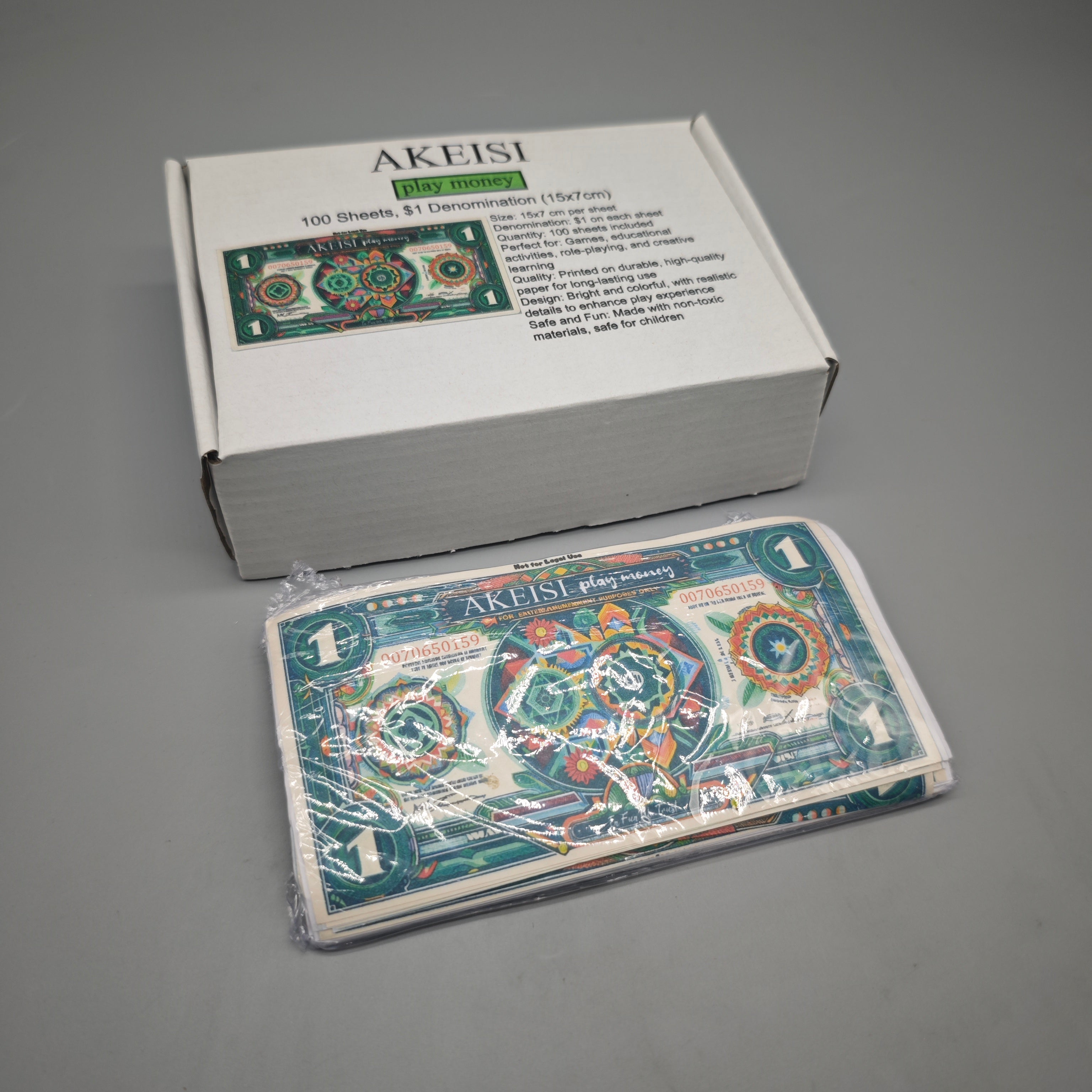 AKEISI Play Money – 100 Sheets of 1 Dollar Bills, 15x7cm, Bright & Colorful Design, Durable & Non-Toxic, Perfect for Games, Education, & Role Play