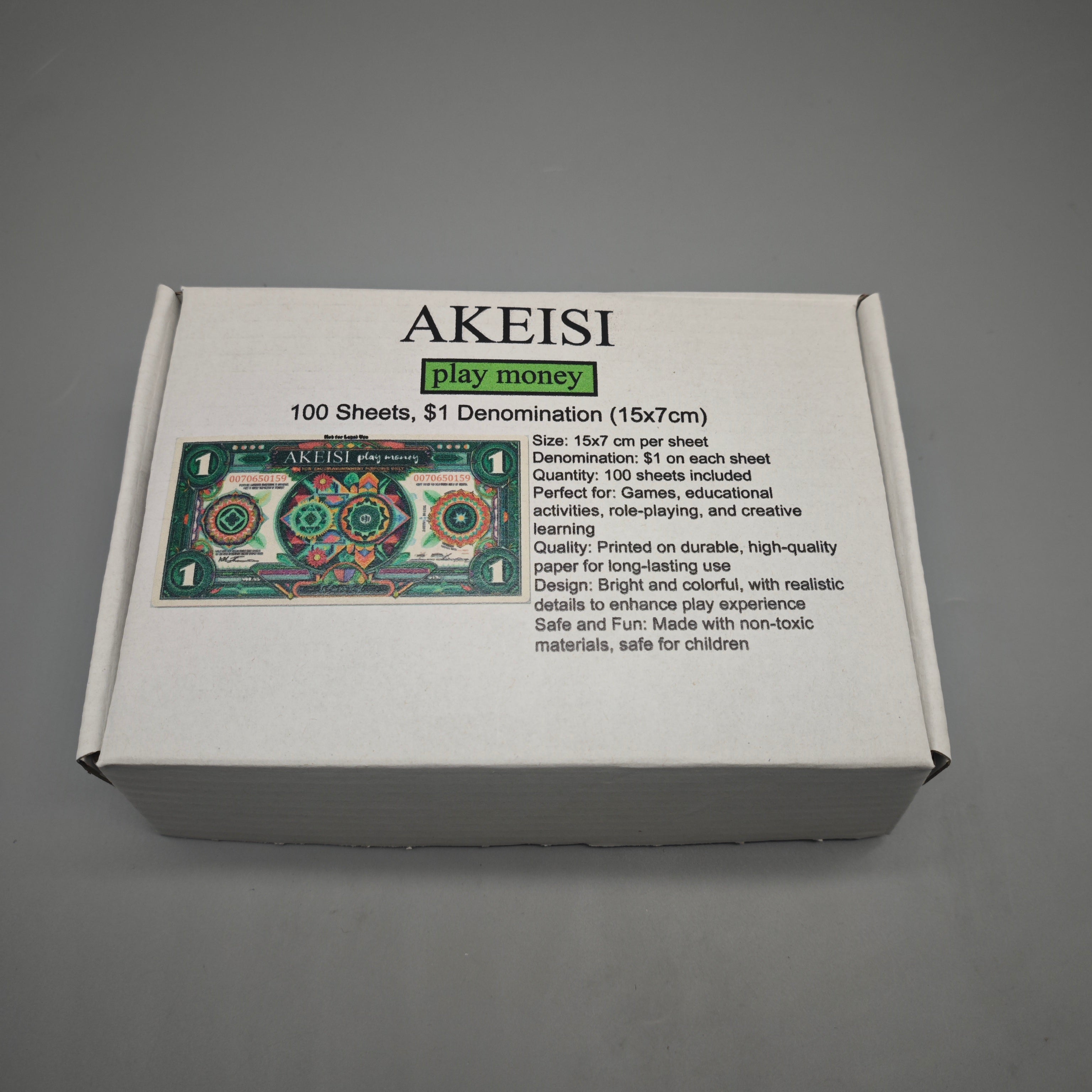 AKEISI Play Money – 100 Sheets of 1 Dollar Bills, 15x7cm, Bright & Colorful Design, Durable & Non-Toxic, Perfect for Games, Education, & Role Play