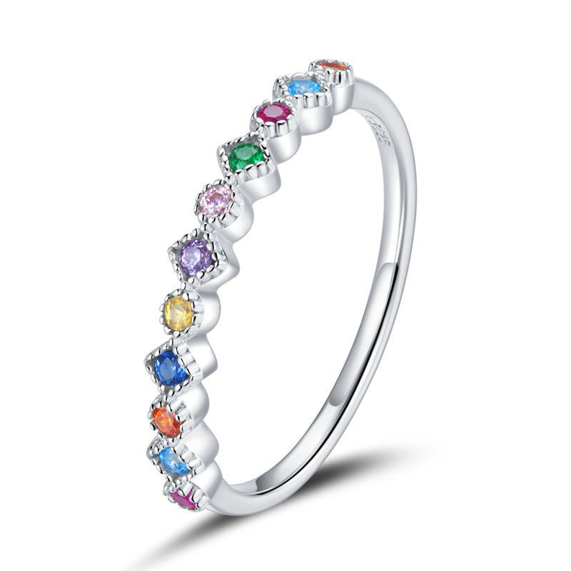 Authentic Silver 925 Rainbow Zircon Stackable Band Finger Ring Jewelry For Women & Girls Fit Gifts SCR714