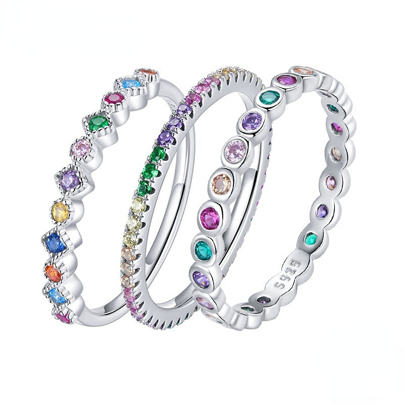 Authentic Silver 925 Rainbow Zircon Stackable Band Finger Ring Jewelry For Women & Girls Fit Gifts SCR714