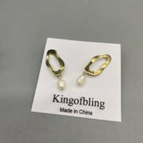 Kingofbling Earrings – 925 Silver Pierced Earrings with Alloy Inlay, Electroplated Finish,Vintage Asymmetrical Pearl
