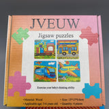 JVEUW Wooden Jigsaw Puzzles for Kids - 4-Piece Set, Airplane, Train, High-Speed Rail, Bus Cartoon Designs, Size 15x15x0.6cm, Age 3-6 Years