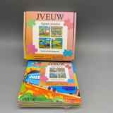 JVEUW Wooden Jigsaw Puzzles for Kids - 4-Piece Set, Airplane, Train, High-Speed Rail, Bus Cartoon Designs, Size 15x15x0.6cm, Age 3-6 Years