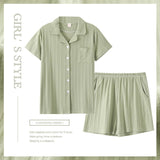 AllureFusion Pajamas - Soft Cotton Fabric, Breathable Green Stripe & Lightweight Comfort Short Sleeve Sleepwear Set for Home Lounging, Summer Nights & Relaxing Weekends; Perfect for Modern Women, Teens & Students; Green Stripe, Size S