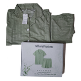 AllureFusion Pajamas - Soft Cotton Fabric, Breathable Green Stripe & Lightweight Comfort Short Sleeve Sleepwear Set for Home Lounging, Summer Nights & Relaxing Weekends; Perfect for Modern Women, Teens & Students; Green Stripe, Size S