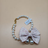 JDveTnd Pet Jewelry, Pink Bow Tie with Pearl Chain Pet Necklace S