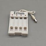 Errum Batteries and Battery Chargers – 4-Slot USB Charger for AA/AAA Rechargeable Batteries, DC5V2A Input, DC12V-0.25A Output, Fast 3–5 Hour Charging, Compact 6.5×2×8cm Design