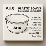 AHX Bowls [Household Containers] – 1000ml / 34oz White Plastic Bowl (PP), Lightweight & Durable, Diameter 18cm × Height 8cm, Approx. 120g