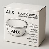 AHX Bowls [Household Containers] – 1000ml / 34oz White Plastic Bowl (PP), Lightweight & Durable, Diameter 18cm × Height 8cm, Approx. 120g