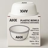 AHX Bowls [Household Containers] – 1000ml / 34oz White Plastic Bowl (PP), Lightweight & Durable, Diameter 18cm × Height 8cm, Approx. 120g