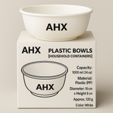 AHX Bowls [Household Containers] – 1000ml / 34oz White Plastic Bowl (PP), Lightweight & Durable, Diameter 18cm × Height 8cm, Approx. 120g