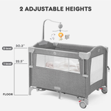 MoMore Portable Baby Bed 5 in 1 Foldable Baby Crib with Mattress, Travel Bassinet for Newborn to Toddler, Multi-functional Bedside Crib with Changing Table and Wheels