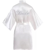 i bride Robe - Glittering Rhinestone "Bride" Detail, Satin Soft Touch & Lightweight Comfort Getting Ready Bathrobe for Wedding Mornings, Bridal Showers & Spa Days; Perfect for Brides, Bridesmaids & Wedding Parties; White