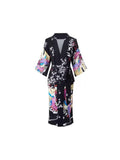 Robe, Imitated Silk Polyester Sleepwear with Instant Cooling Feel, Contrast Color Block Ukiyo-e Print, Black Size M