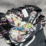 Robe, Imitated Silk Polyester Sleepwear with Instant Cooling Feel, Contrast Color Block Ukiyo-e Print, Black Size M