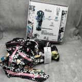 Robe, Imitated Silk Polyester Sleepwear with Instant Cooling Feel, Contrast Color Block Ukiyo-e Print, Black Size M