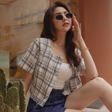 Long-Leg High Waist Car Line Denim Shorts (Black/Dark Blue) Women's Clothing