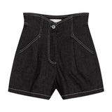Long-Leg High Waist Car Line Denim Shorts (Black/Dark Blue) Women's Clothing