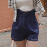 Long-Leg High Waist Car Line Denim Shorts (Black/Dark Blue) Women's Clothing