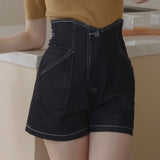 Long-Leg High Waist Car Line Denim Shorts (Black/Dark Blue) Women's Clothing